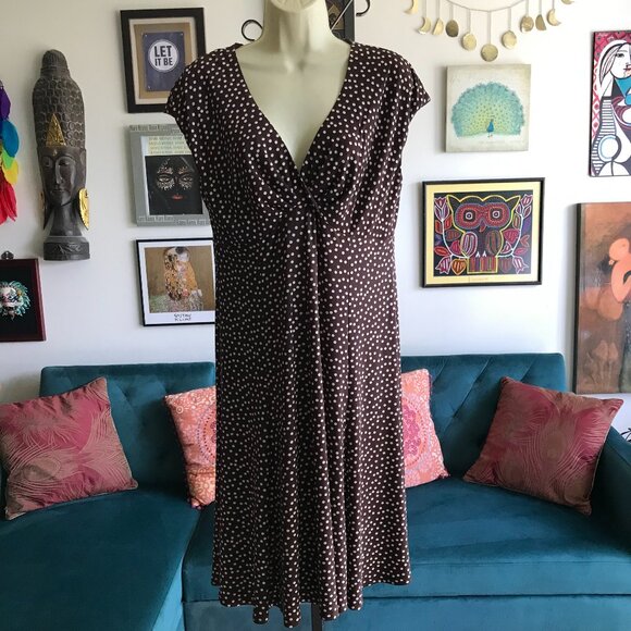 JONES WEAR size 12 Brown & Beige Polka Dot Crossover Bust Jersey Dress - Picture 1 of 4